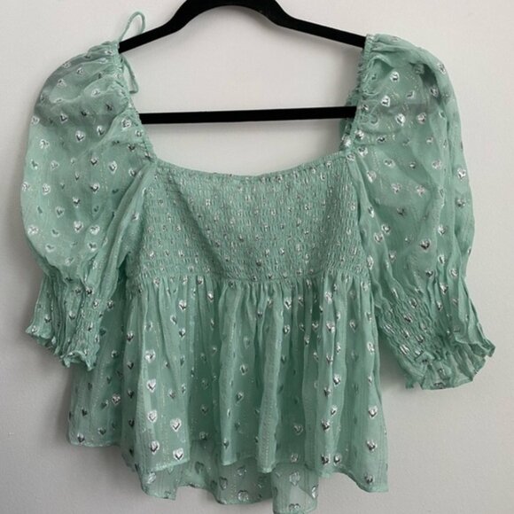For Love And Lemons Tops - For Love and Lemons Cropped Jana Blouse • Light Green Silver Hearts • S Small